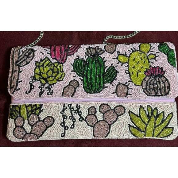 Cactus Handbags - Pink HAND BEADED Club Bag Clutch Desert Cactus Snap Close With Chain Strap Purse